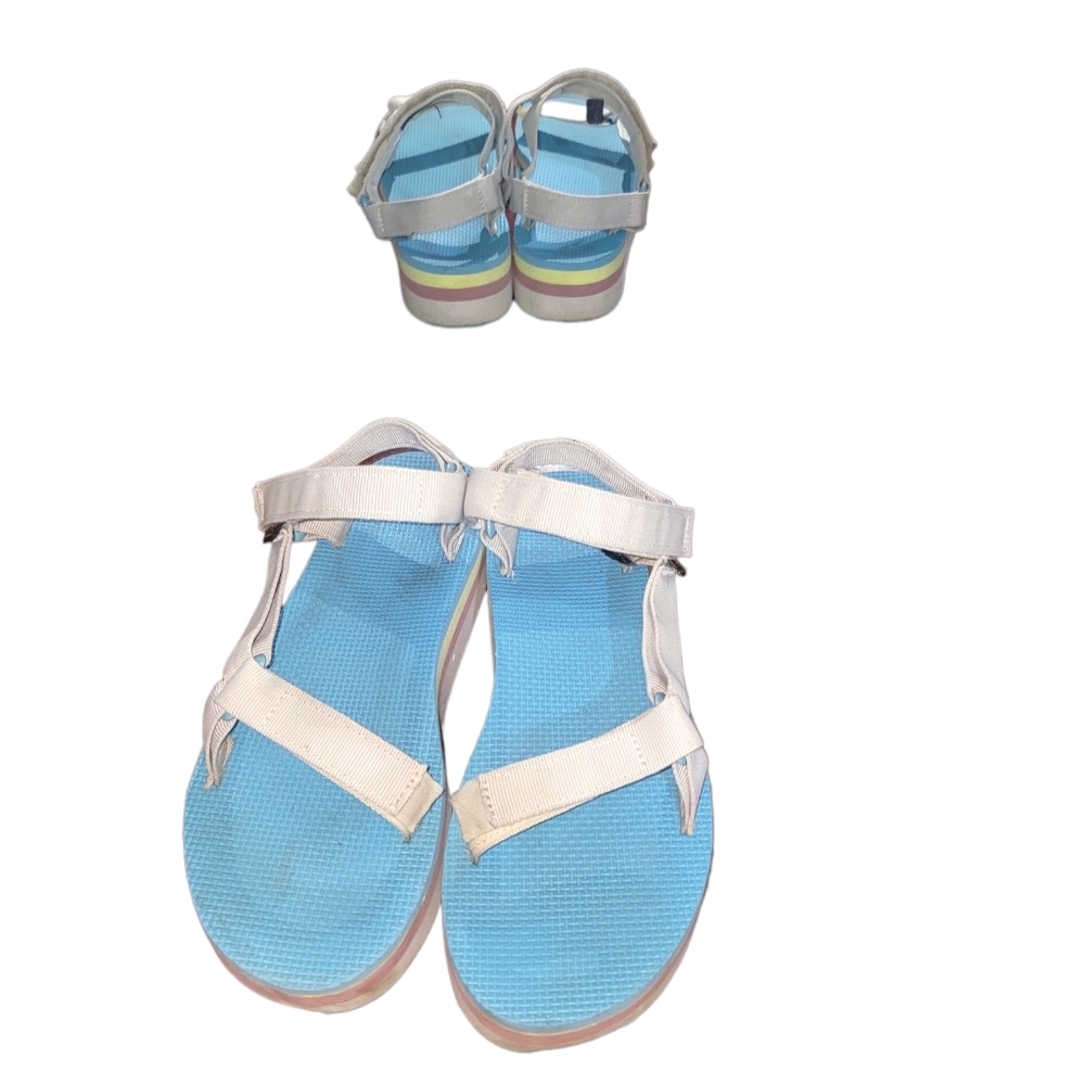 Teva Women's Light Blue Sandals with White Straps and Multi-Color Platform